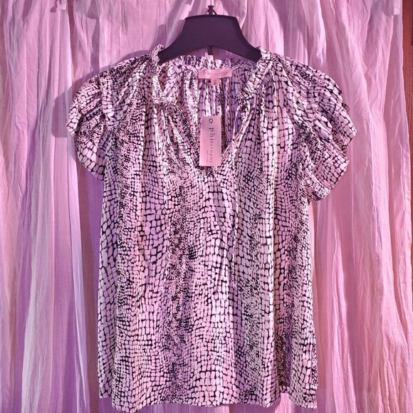 PHILOSOPHY Animal Print Brown & Off White Print Short Sleeve Blouse with… - Picture 9 of 10